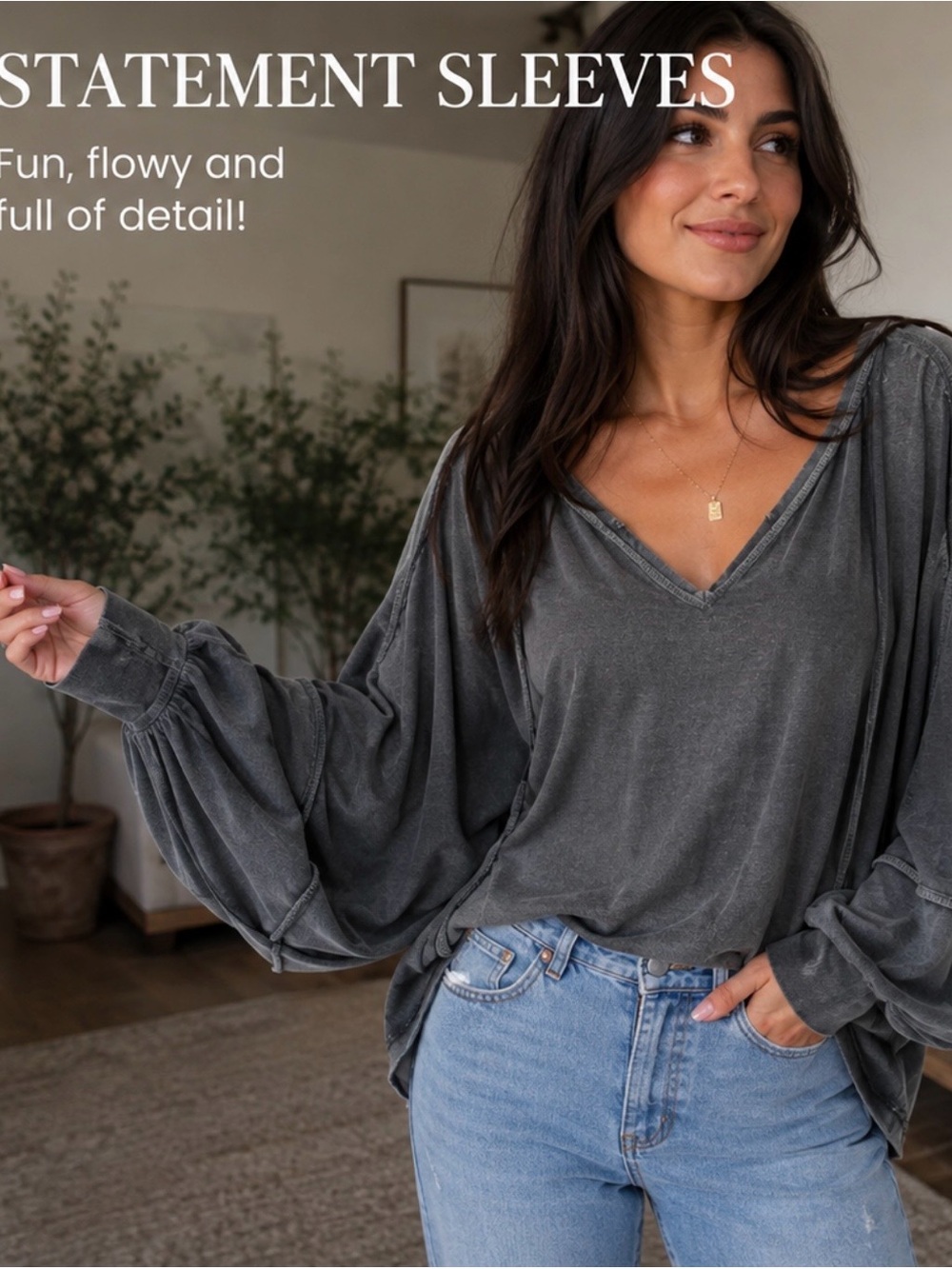 We The Free Washed Charcoal V-Neck Statement Sleeve Top